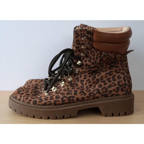 Ann Taylor Loft Tan Black Animal Cat Print Lace Up Combat Boots Size 8M - Picture 2 of 6